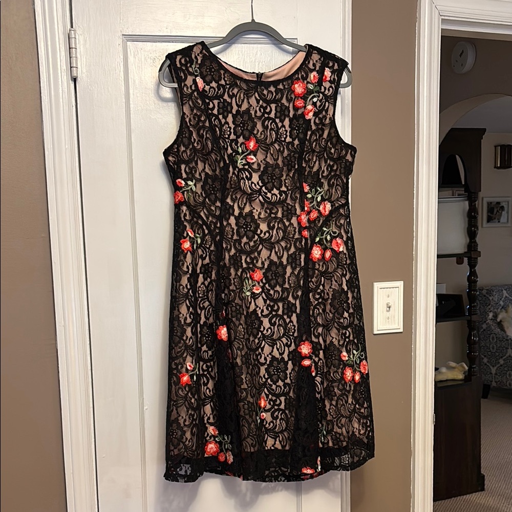 Gabby Skye Black Lace Dress with Red Floral Accents